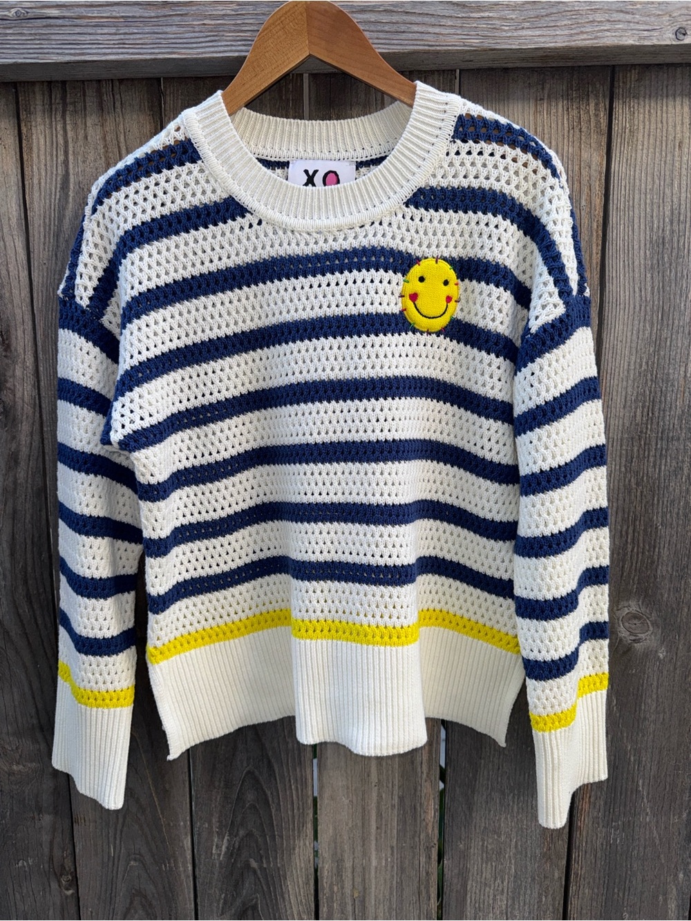 Kerri Rosenthal Crochet Knit Striped Smiley Embroidered Sweater Pullover Medium - Picture 2 of 8